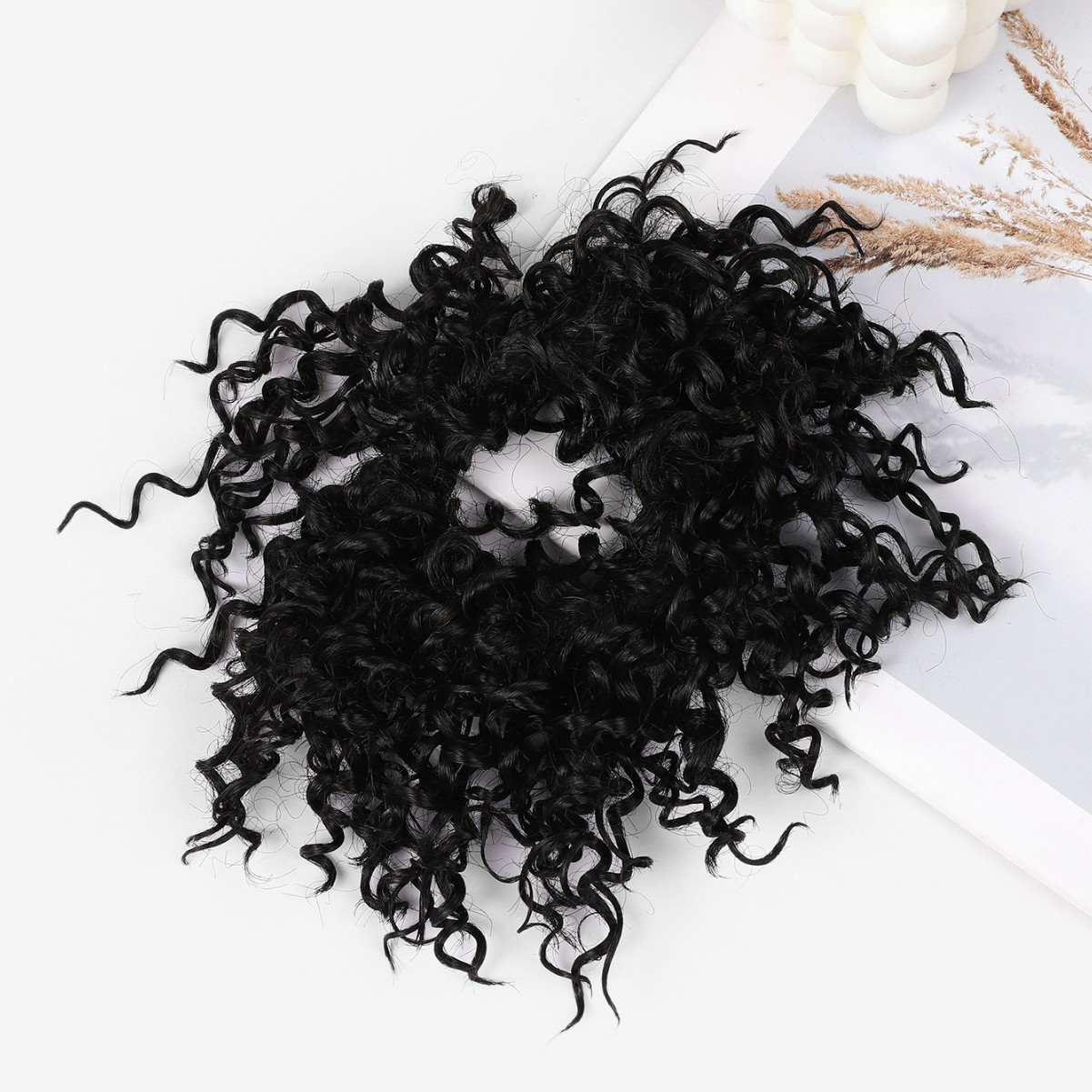 Peluca negra de cola de caballo baja con lazo para el cabello, cabello esponjoso, peinado de peluca, cabello rizado europeo y americano