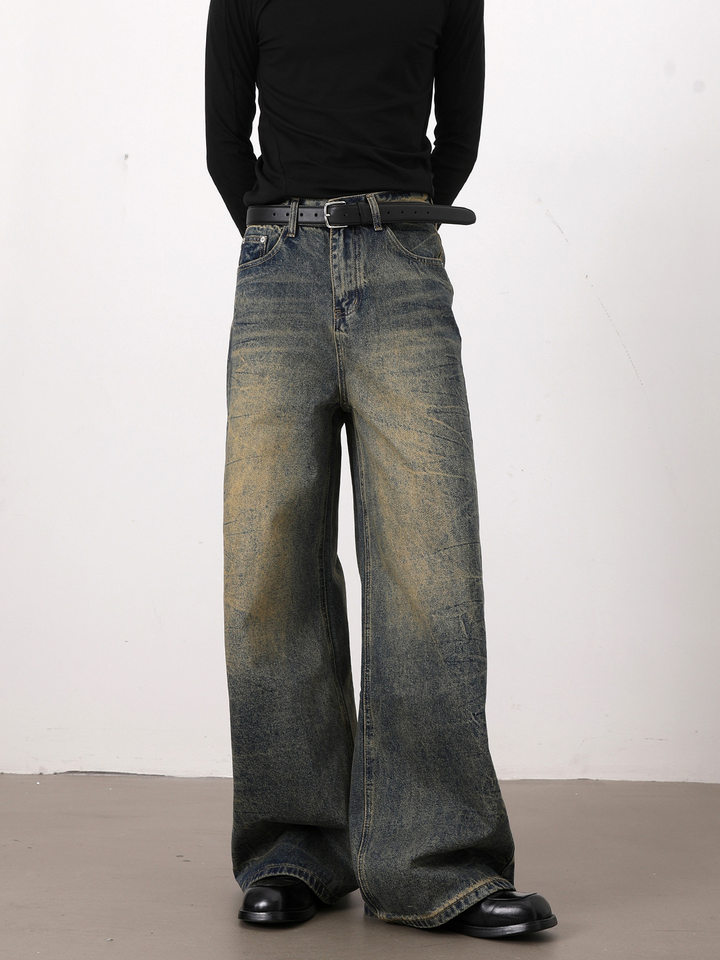 Quần jeans nam dáng rộng ống suông phong cách retro Mỹ, râu mèo xanh, giặt mài làm cũ — Xanh cổ điển