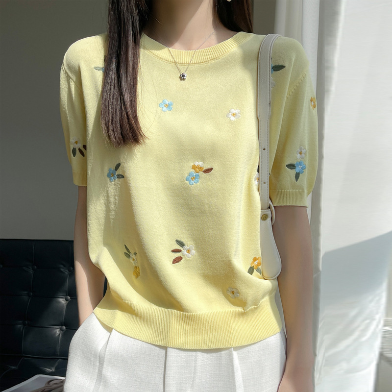 春夏新款甜美减龄刺绣女圆领冰丝针织短袖T恤半袖上衣打底衫|undefined