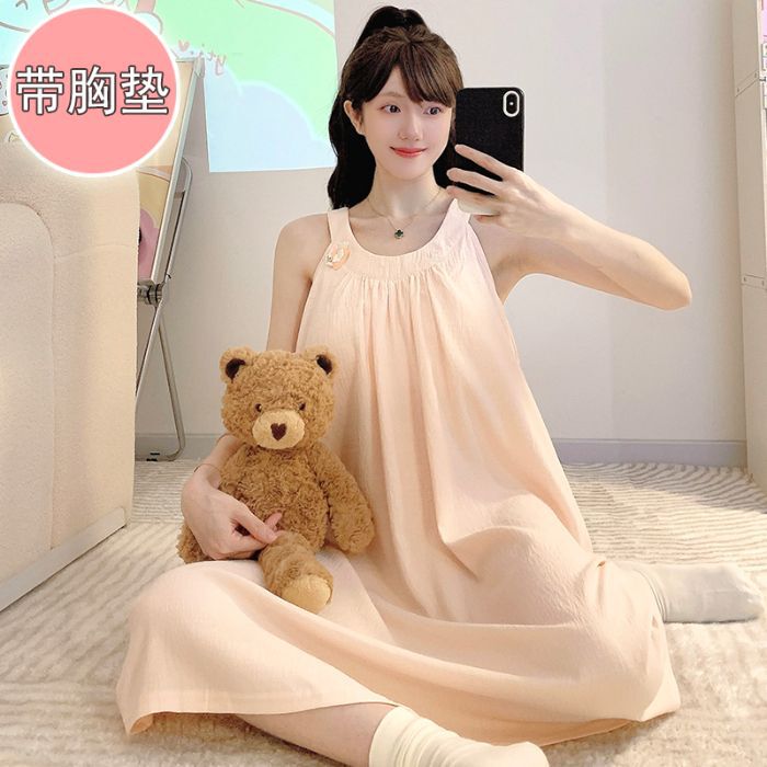 Cloud Cotton Pajamas for Women, Summer Princess Style with Chest Pad, Strap Mid-Length Nightdress, Plus Size 100kg Loungewear
