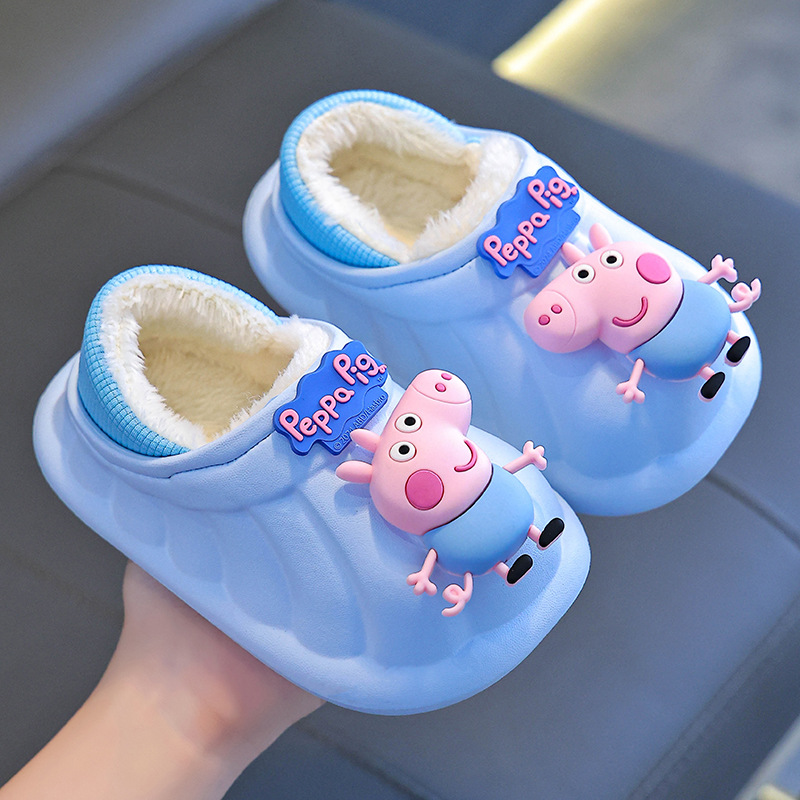 Piglet Page invierno zapatillas de algodón para niños, hombres y mujeres, EVA antideslizante correa elástica, calentamiento y peluche para bebés y niños pequeños.