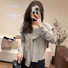 秋季女装新款日韩时尚休闲慵懒风披肩圆领长袖针织开衫毛衣两件套