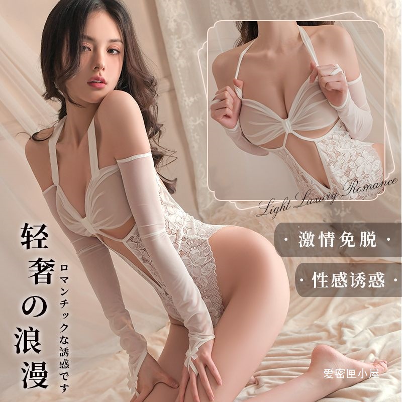 섹시한 속옷, 섹시한 작은 가슴, 시스루 오픈 점프수트, 순수한 욕망 홀터넥 레이스 잠옷, 로우 컷, 속이 빈 유혹