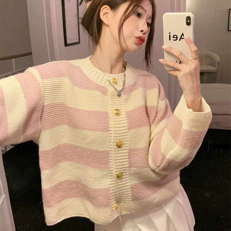 Реальный выстрел по реальной цене Весна Осень Зима Новый ленивый Ветер Свободный Универсальный сладкий полосатый кардиган свитер пальто Женщины