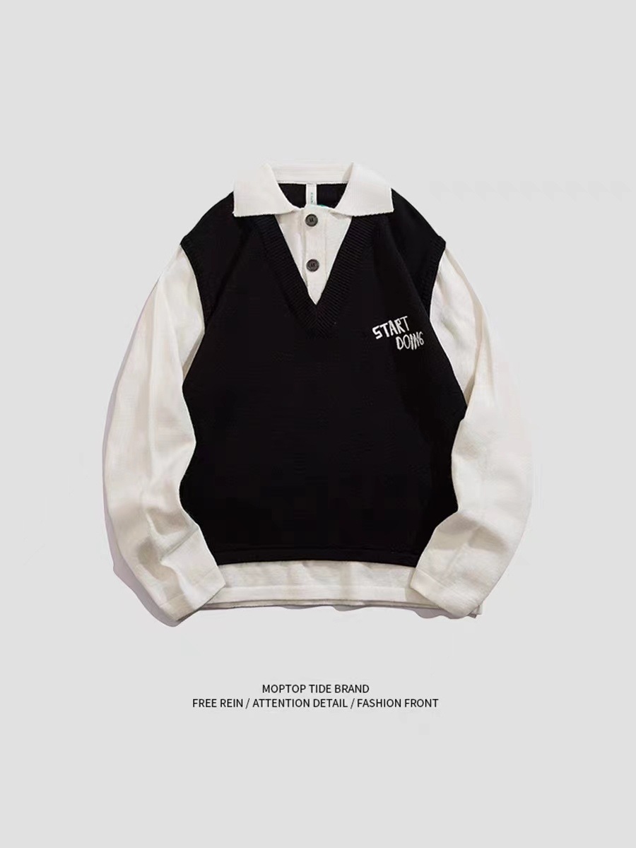Pull à col polo deux pièces pour hommes, tendance automne et hiver pour hommes, pull tricoté à coutures amples et broderies, veste décontractée pour hommes_voghion.com