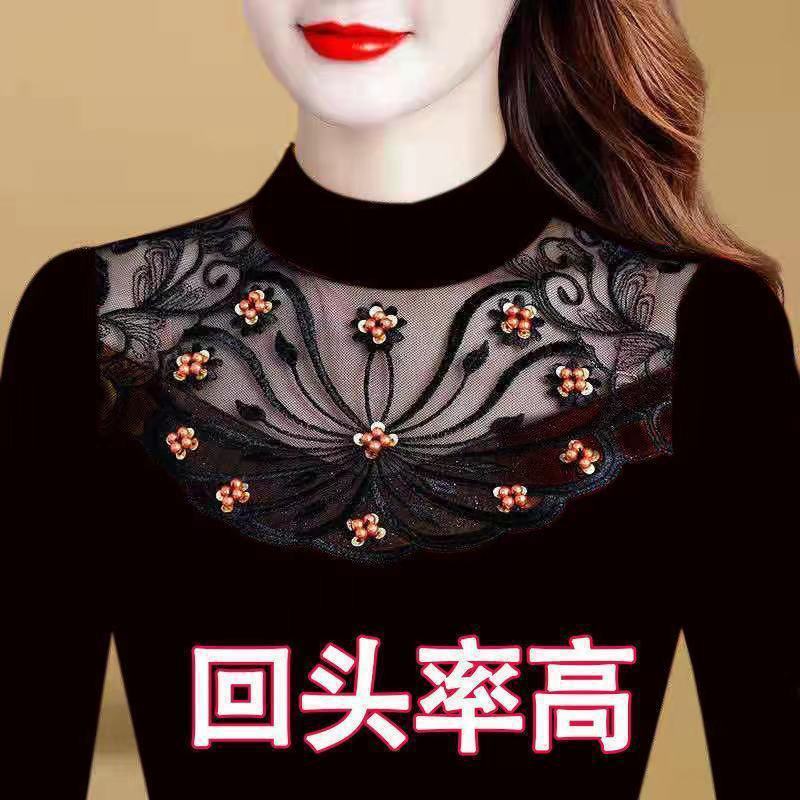 Thin/Velvet Round Neck Lace Bottoming Shirt for Women, Long-Sleeved Inner Wear, Western Style Autum New Slim Mesh Top