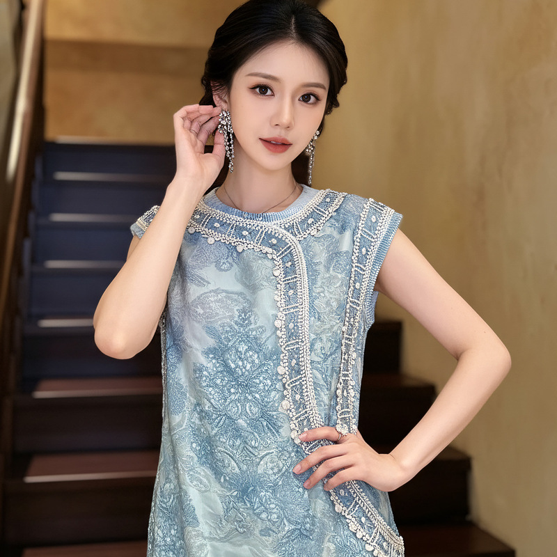 New Chinese-Style Elegant Heavy-Duty Two-Tone Rope Embroidery and Bead Embroidery Asymmetrical Collar Improved Cheongsam Dress High-End Vintage Long Dress P0505