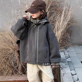 波啦韩国女孩加绒外衣秋冬儿童纯色毛毛外套男孩宽松连帽上衣