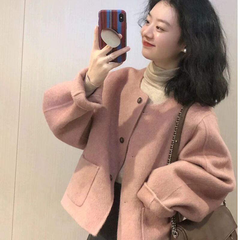 Autumn and Winter Korean Style High-End Petite Matching Height-Enhancing Wool Coat Loose Pink Woolen Jacket Women's Short Style Autumn and Winter Korean Style High-End Petite Matching Height-Enhancing Wool Coat Loose Pink Woolen Jacket Women's Short Style