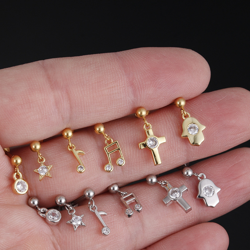 316L Stainless Steel Material Star Pattern 1 Piece 316L Stainless Steel Zircon Ear Cartilage Rings & Studs Star Waterproof Non Tarnish Surgical Steel 14K Gold Plated