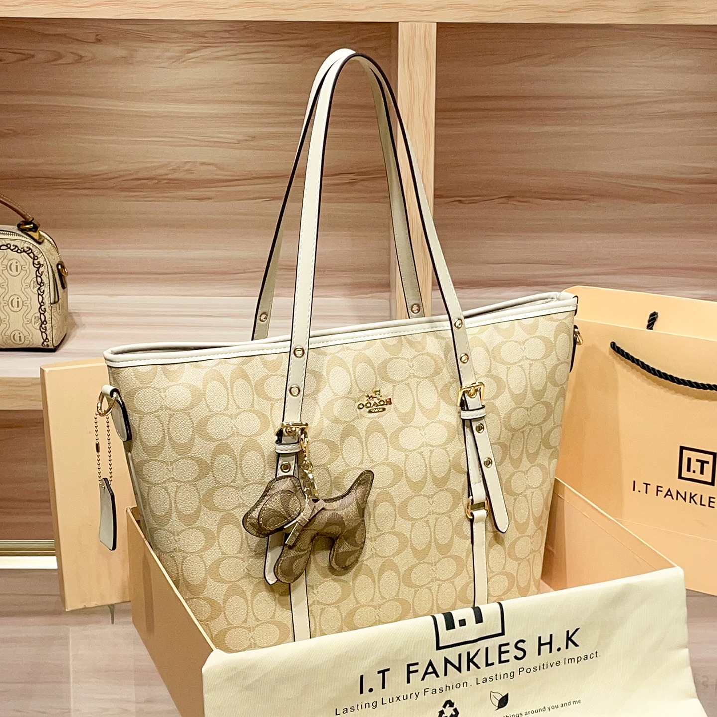 Túi tote da thật nữ đáy rộng phong cách Hồng Kông — nâu