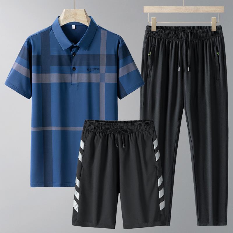 Papá traje deportivo de verano para hombre seda de hielo POLO camiseta de solapa transpirable de secado rápido traje de tres piezas de ropa casual de mediana edad y ancianos image 5