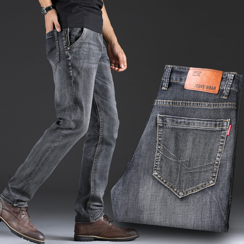 High-End Jeans Men's Straight-Leg Loose Autumn and Winter Thick Middle-Aged Smoky Gray Casual Pants Spring & Fall Gray Men's Pants