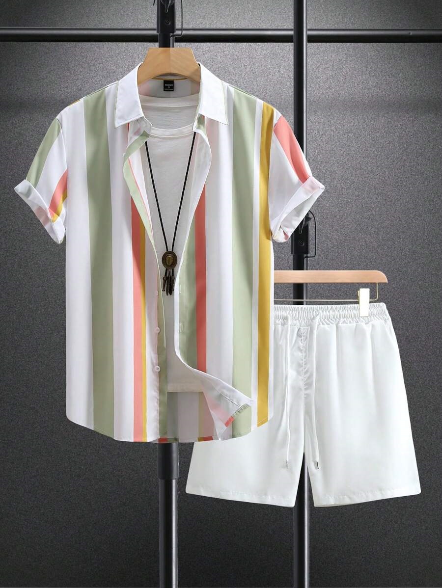 Traje de pantalones cortos de camisa de vacaciones hawaiana de verano de Xiyin transfronterizo 2024 venta caliente a rayas color de contraste impresión 3D