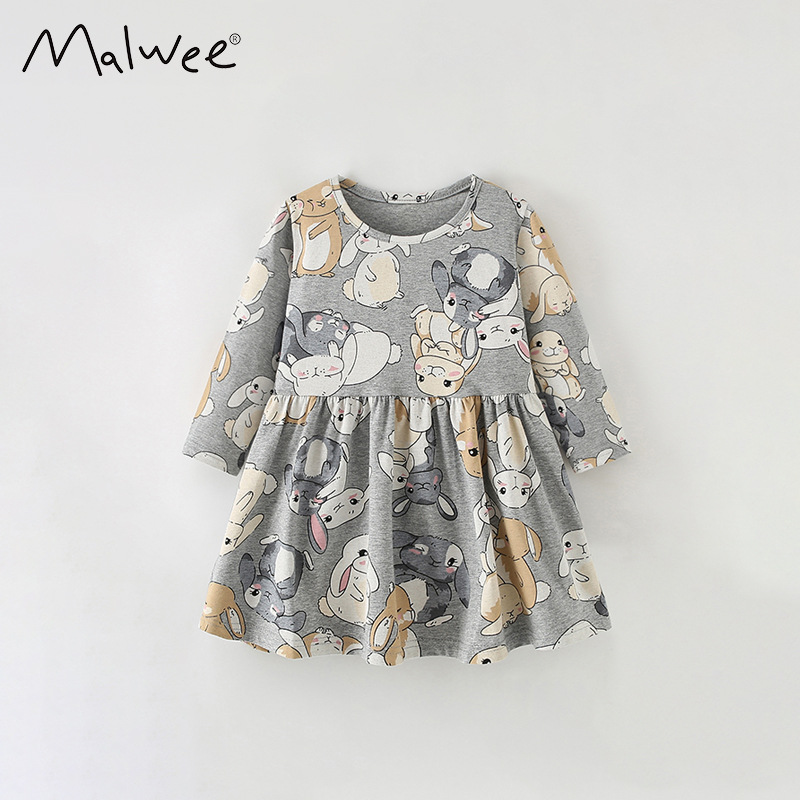 Malwee niñas vestidos de otoño para niños europeos y estadounidenses nuevos cuello redondo mangas largas falda impresa de aire extranjero