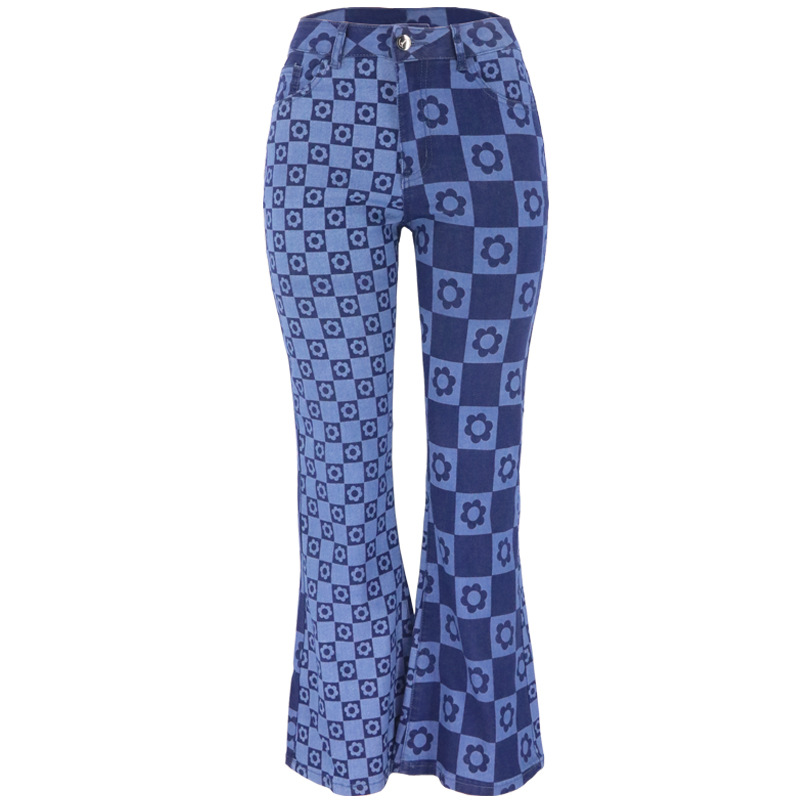 22 donker bedrukte micro uitlopende broeken met woon-werktemperament, blauwe denimbroek met hoge taille en wijde pijpen voor dames_voghion.com