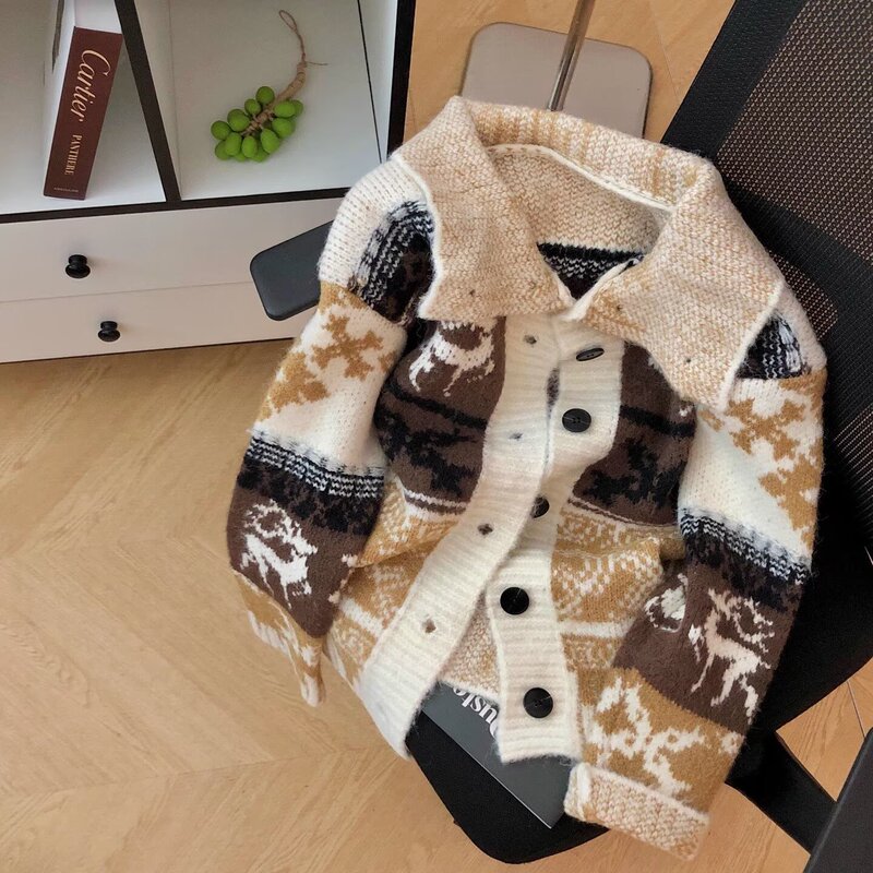 New Christmas American retro sweater cardigan, high-neck, reversible, jacquard knit, soft and comfortable, loose fit, trendy couple's sweater