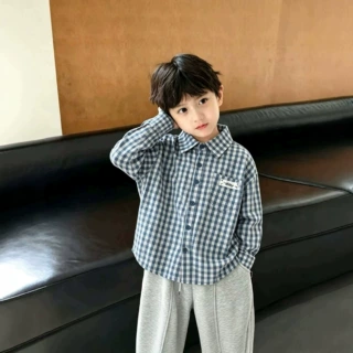 男女童翻领衬衫春秋纯棉打底衫开门襟口袋格子中大童衬衣加工定制
