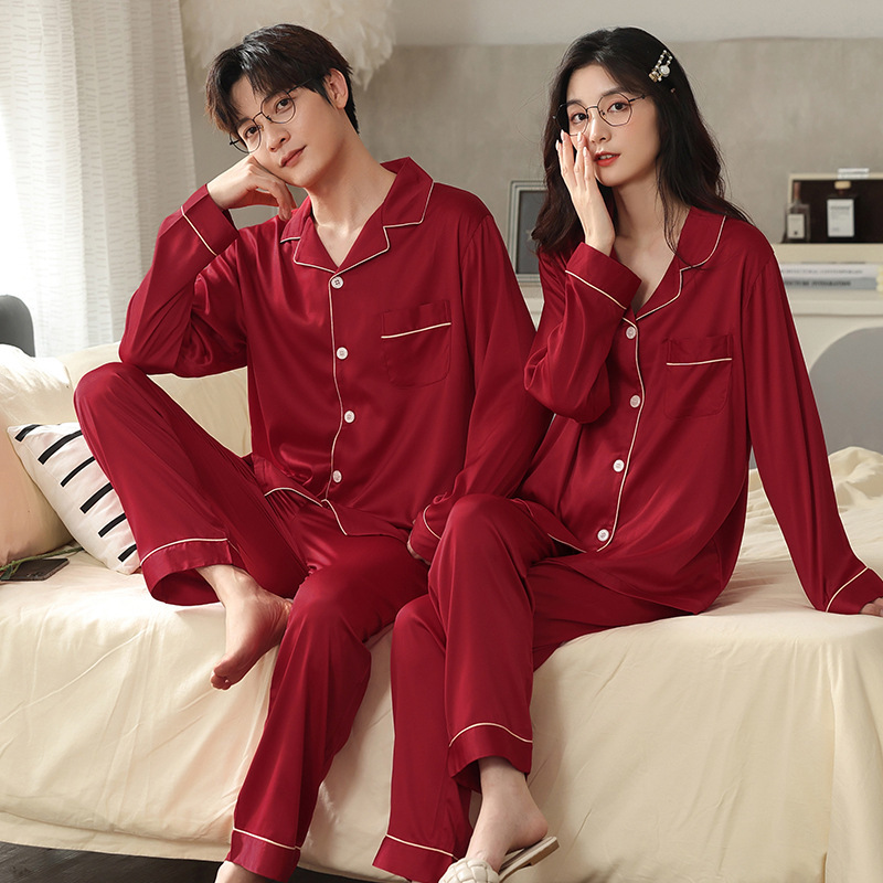 Red Couple Pajamas Ice Silk Long-sleeved Women's Spring and Autumn Wedding Year Men's Wedding Festive Silk Home Suit