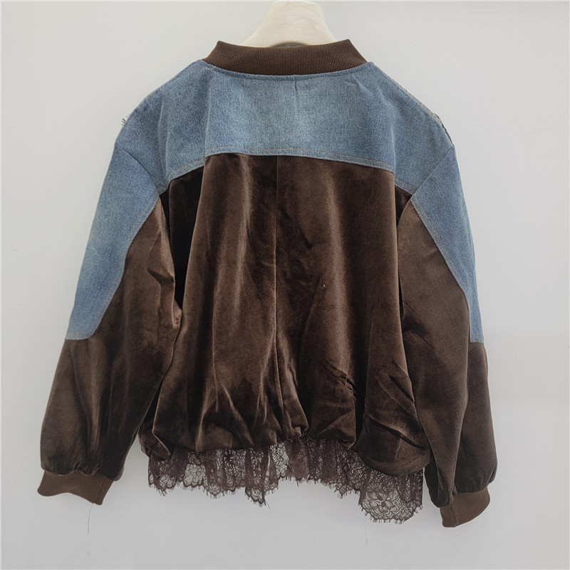 2026 primavera nuevo diseño de encaje de moda sensación suelta chaqueta denim de terciopelo de moda