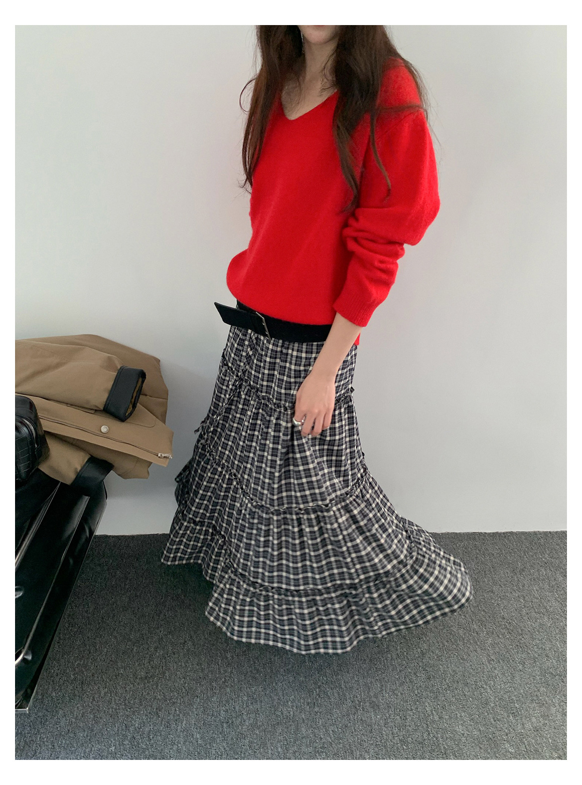 GraceChic GraceChic GraceChic Inbyin Gonna midi a quadri arricciati in stile coreano per donna, lunga vita elastica, che copre i fianchi, snellente_voghion.com