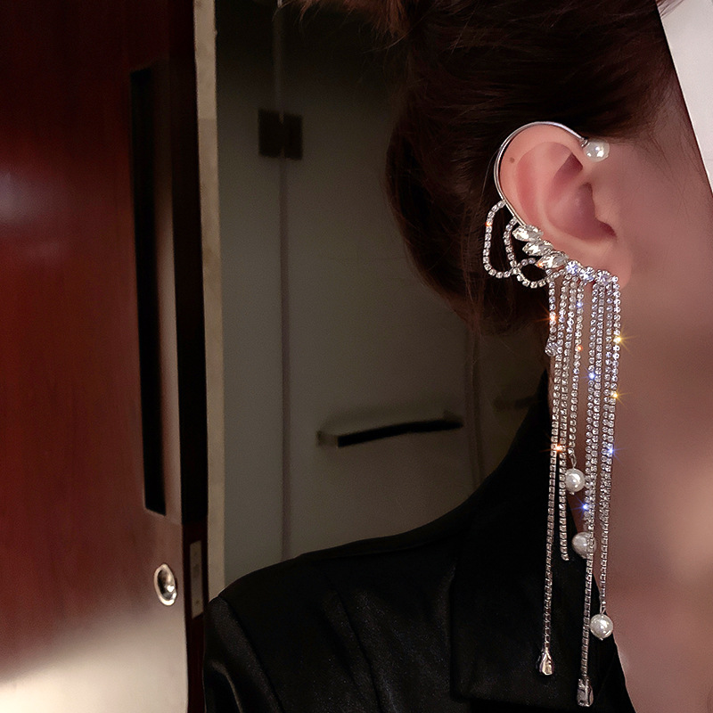 Exaggerated Pearl Rhinestone Tassel Long Earrings European And American Earrings Women display picture 4
