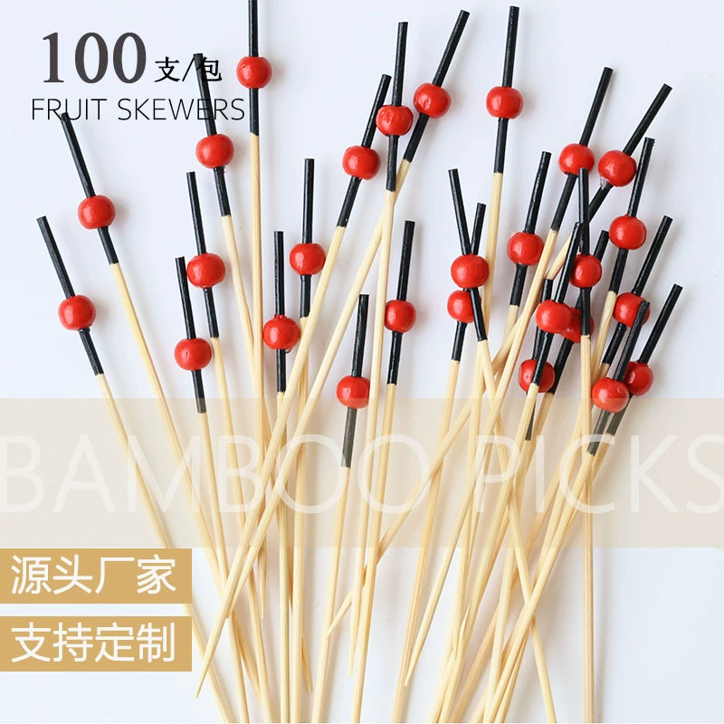 Бамбуковая палка окрашенная черный шарик красный шарик одноразовая зубочистка декоративная бамбуковая палка фруктовая краска палка коктейль палка