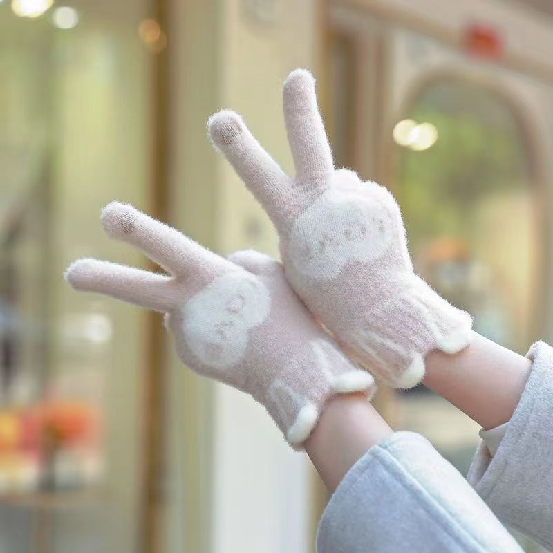 秋冬季手套女可爱兔耳朵加绒毛线触屏针织保暖学生触屏防寒绒手套|undefined