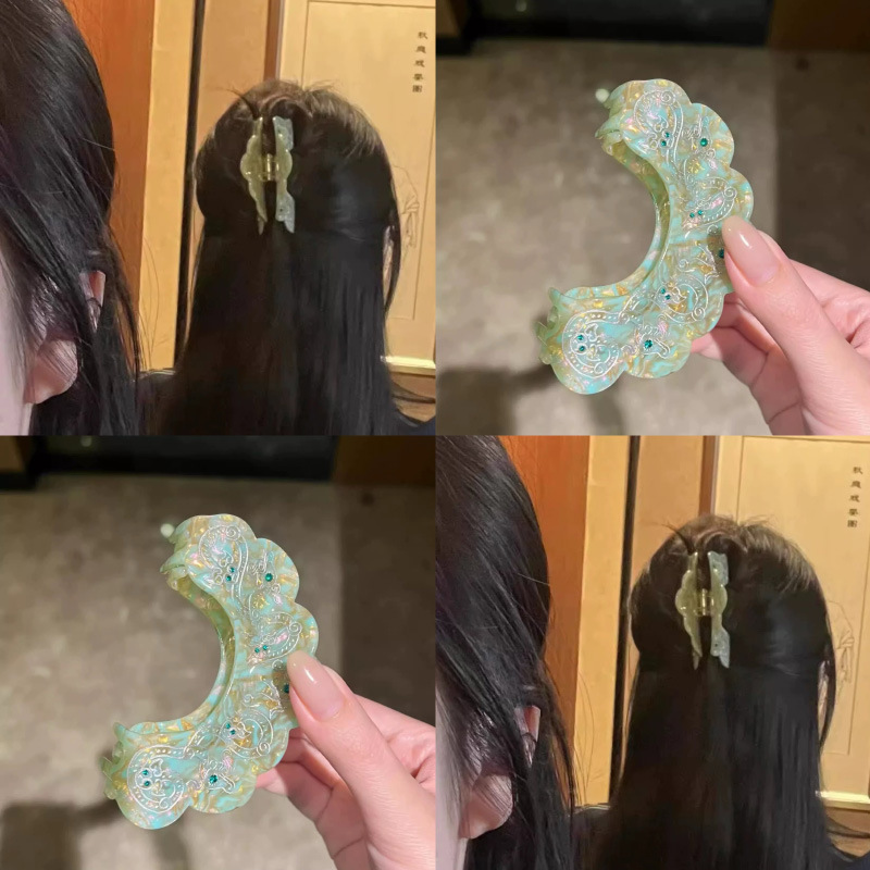 青いシルクヘアクリップ、アセテートヘアクリップ、中国風ヘアアクセサリー、後頭部ハーフタイシャーククリップ、女性用ヘアアクセサリー|undefined