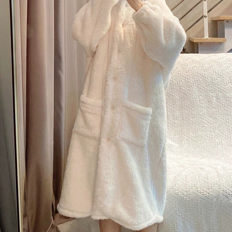 睡衣女秋冬兔子耳朵学生连帽卡通新款珊瑚绒睡袍浴袍家居服可外穿|undefined