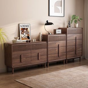 Solid Wood Chest of Drawers Walnut Color Chest of Drawers Living Room Six Drawers Bedroom Storage Cabinet Three Drawers Four Drawers Large Capacity Storage Cabinet