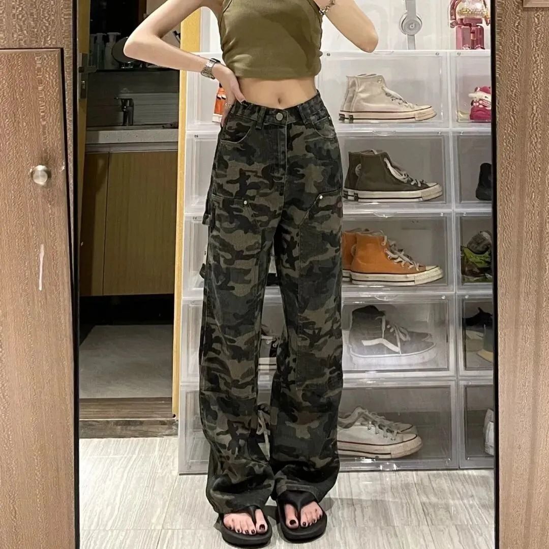 American hiphop Camouflage Overalls Women's Summer Loose Straight Casual Pants for Chubby Girls Slim Look High Waist Wide Leg Trendy Pants
