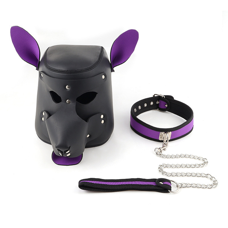Leather Dog Head Mask with Purple Ears, Human K9 Costume Headgear — detail image 23
