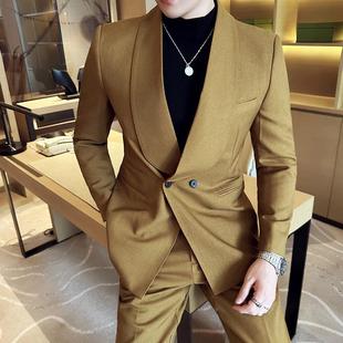New in Stock Double-Breasted Dress Green Fruit Collar Men's Casual Suit Suit Handsome Suit Two-Piece Set