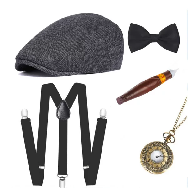 1920 Gatsby Gangster Men's Clothing Accessories Newsboy Woolen Hat Pocket Watch Strap Fake Cigar Set
