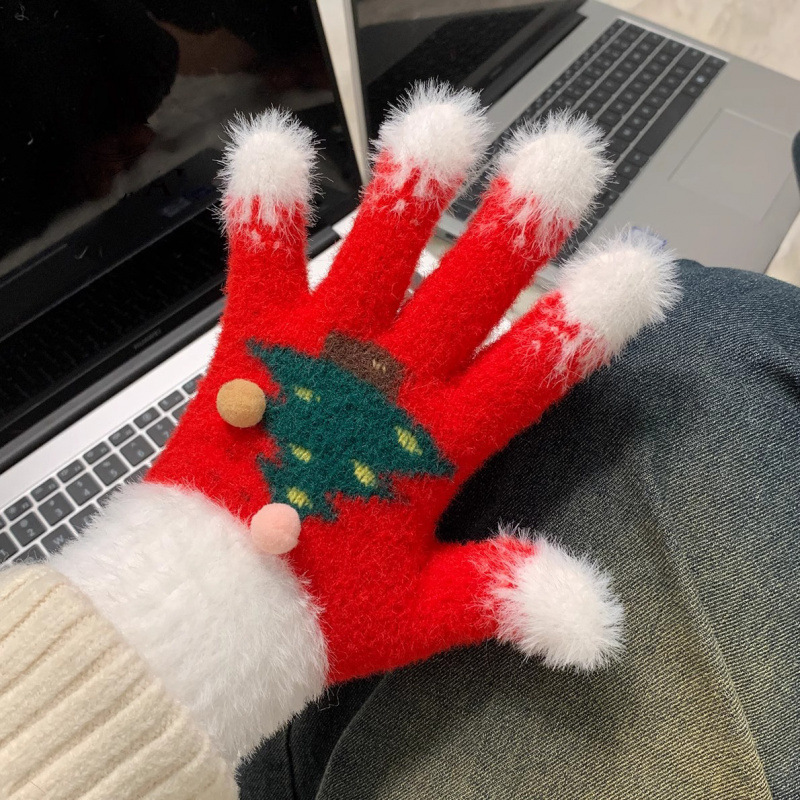 雪のクリスマスツリーの手袋の女性の冬の指はタッチパネルとベルベットを厚くすることができます。|undefined