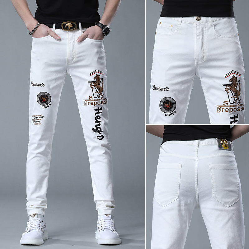 Jeans blancs brodés d'été pour hommes, tendance station européenne mince, pieds élastiques, pantalons décontractés Joker._voghion.com