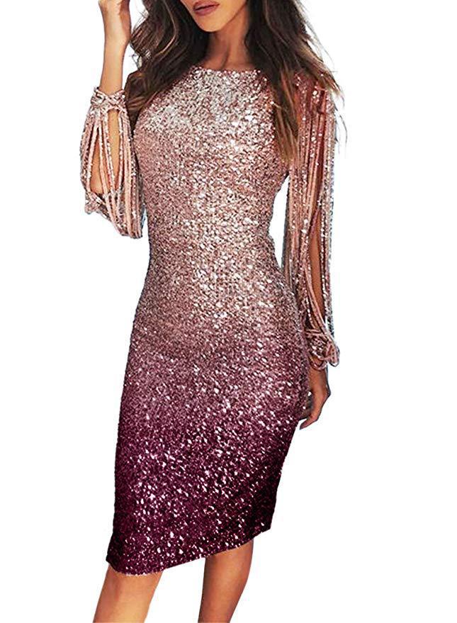 Damen Abendkleid Mit Pailletten Fransen Langarm Gradient Ballkleid_voghion.com