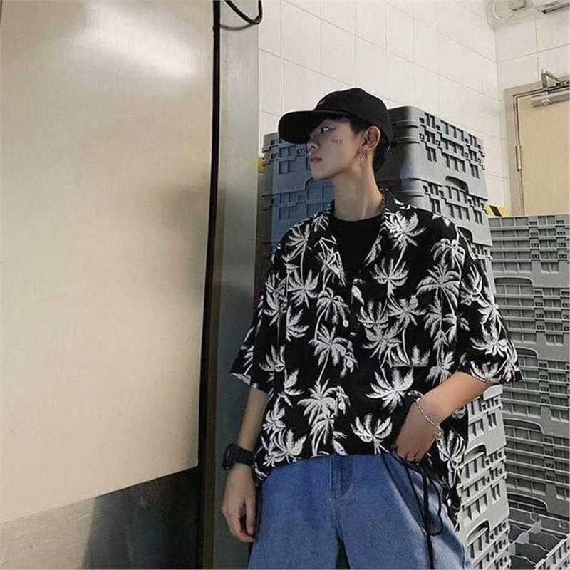 ins超人気花柄シャツレトロ香港風シック半袖ビーチバケーションハワイアンフラワーシャツカップル同じスタイル|undefined