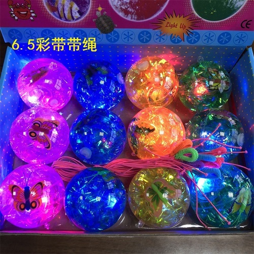 Cartoon luminous bouncy ball with rope, colorful sparkling ribbon with jumping crystal ball, children's toy supply wholesale