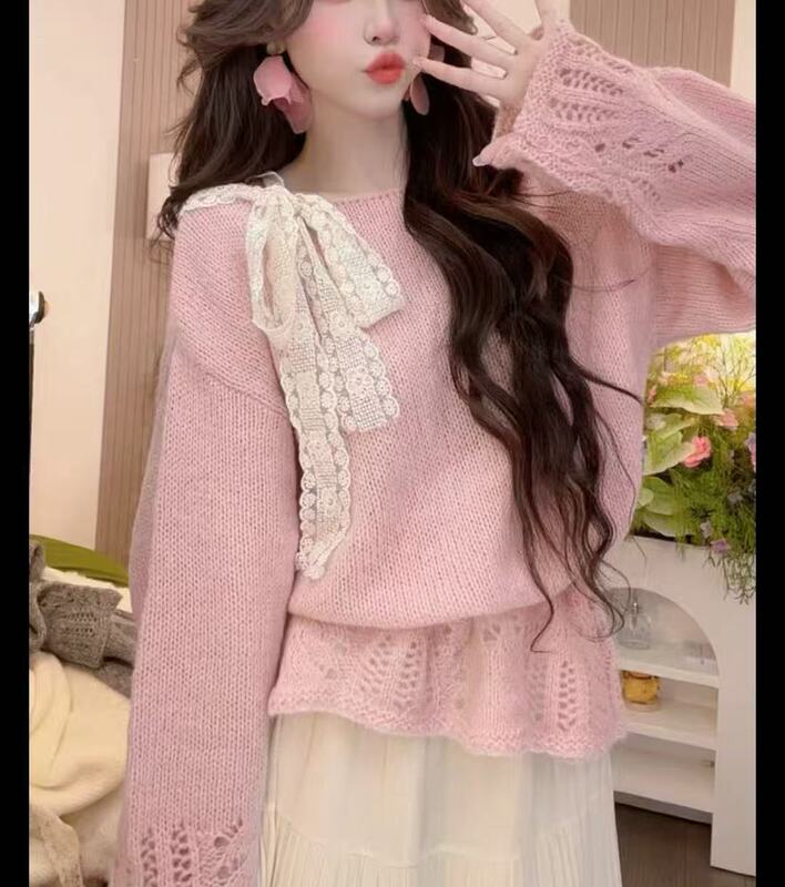 温柔甜美风2025秋季新款氛围感针织蝴蝶结拼接蕾丝绑带针织女上衣|undefined