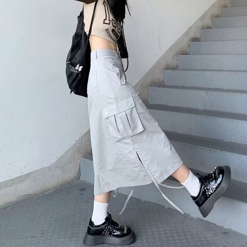 Workwear half-length skirt for women with drawstring, fashionable split design, mid-length summer new style, high-waisted American-style loose A-line long dress