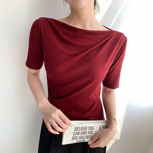 H539 One-Shoulder Threaded Short-Sleeved Women's Summer Sexy Sexy Off-Shoulder Slim Wrinkled T-Shirt Versatile Bottoming Top