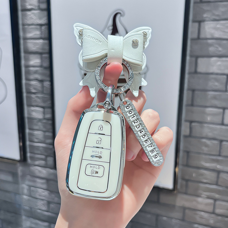 토요타 P 모델 - 스마트 4버튼 스피커 [싱글 쉘 화이트] + 화이트 리본 다이아몬드 버클 + 실버 번호판