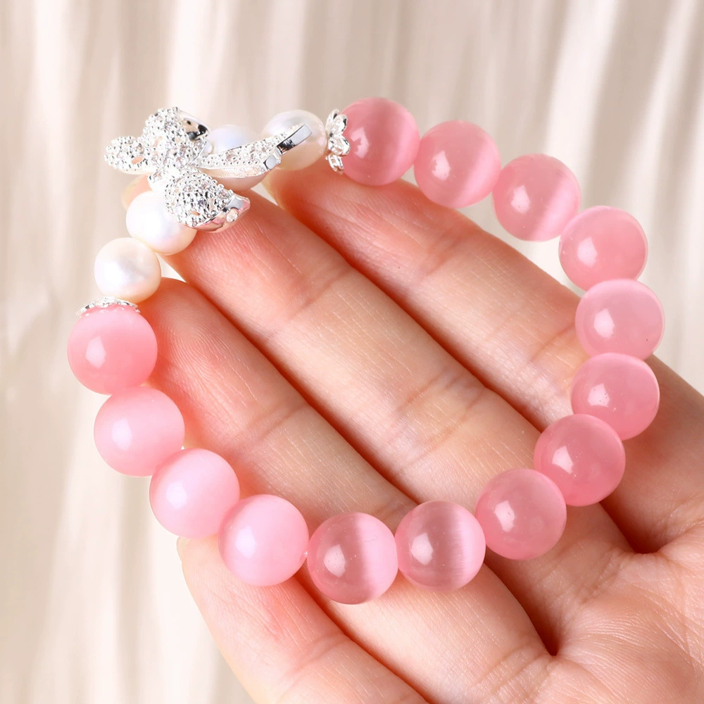 Популярный браслет Xiaohongshu в китайском стиле с розовым кошачьим глазом и камнем, браслет с бантом, женский розовый браслет для пары, подарок