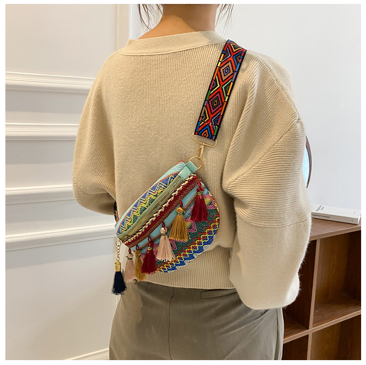 Venda quente pequeno peito perfumado tecido estilo étnico cor contrastante borla nova fita cintura bolsa crossbody tendência_voghion.com