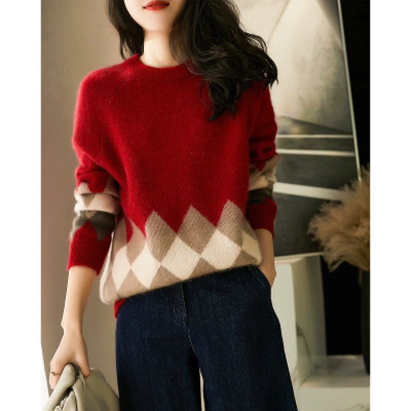 Retro woolen knitted sweater, increased thickness, round collar
