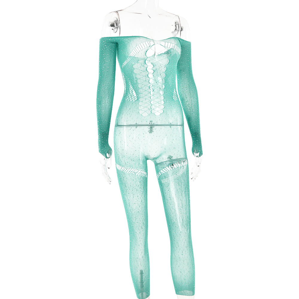Women Sexy Rhinestone See through Hollow Out Cutout Backless Jumpsuit Long Sleeve Slim Fit Jumpsuit Summer