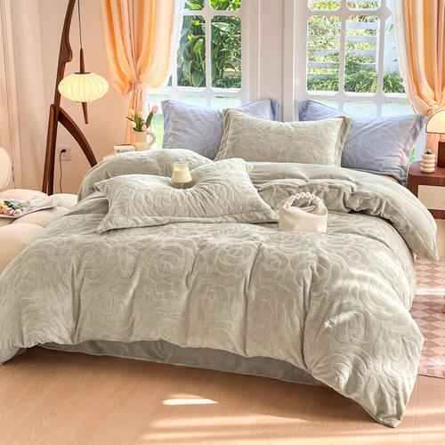 Light luxury thickened winter type A three-dimensional camellia milk velvet four-piece set fully matte Nantong 4-piece set wholesale group purchase