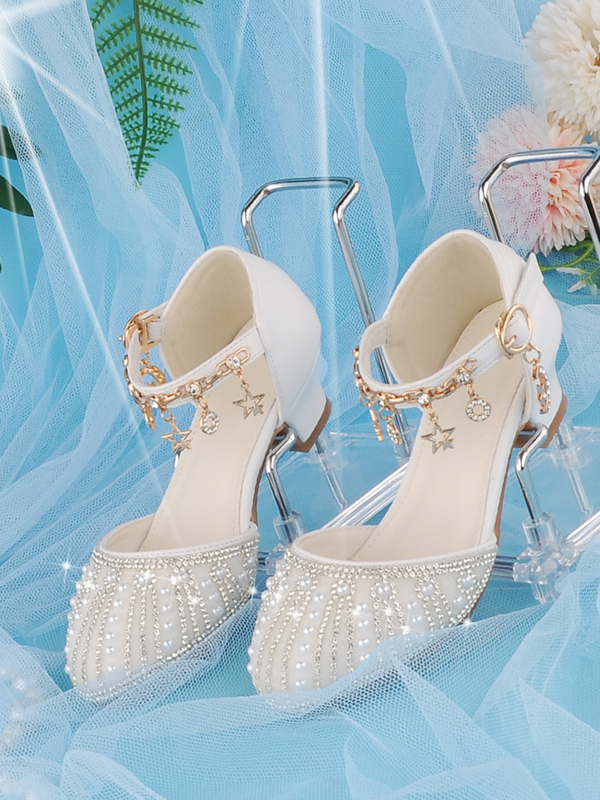 Children's Girls' Shoes Little Girl Soft Sole Performance White Princess Shoes Girls Host High Heels with Dress Crystal Shoes